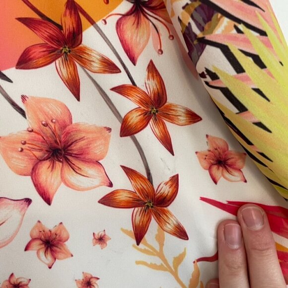 BEBE Long Sleeve Natalie Dress Royal Palm Floral Tropical Bell Sleeve 14 NO BELT - Picture 7 of 16